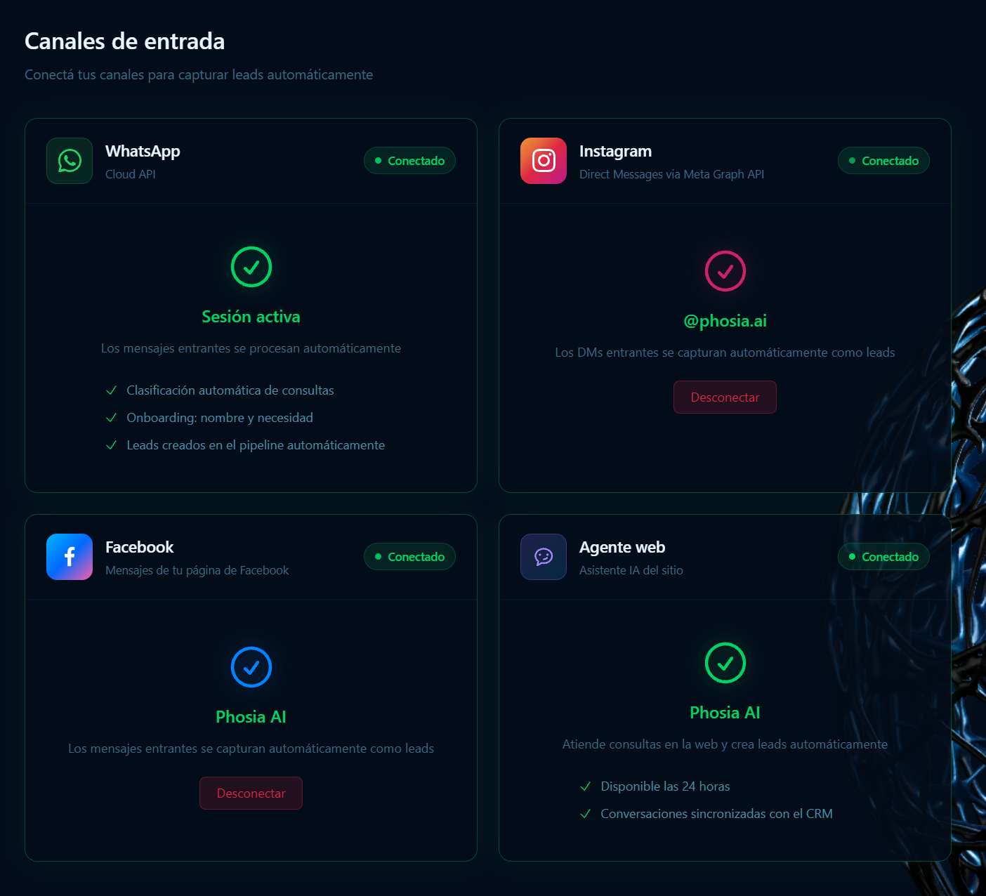 Canales de WhatsApp, Instagram, Facebook y Agente web conectados a Phosia
